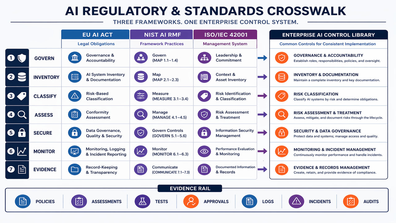 Crosswalk of EU AI Act NIST AI RMF and ISO IEC 42001 into one enterprise AI control system