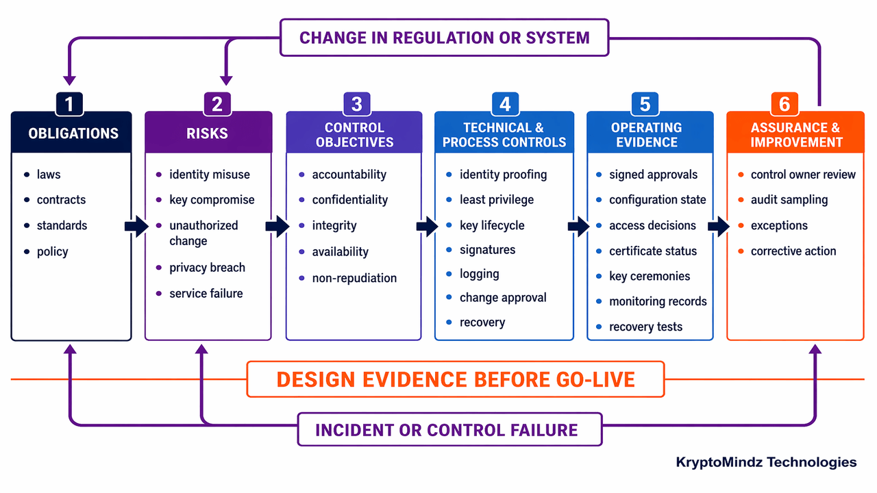 Compliance-by-design pipeline from obligations and risks to controls, operating evidence and assurance