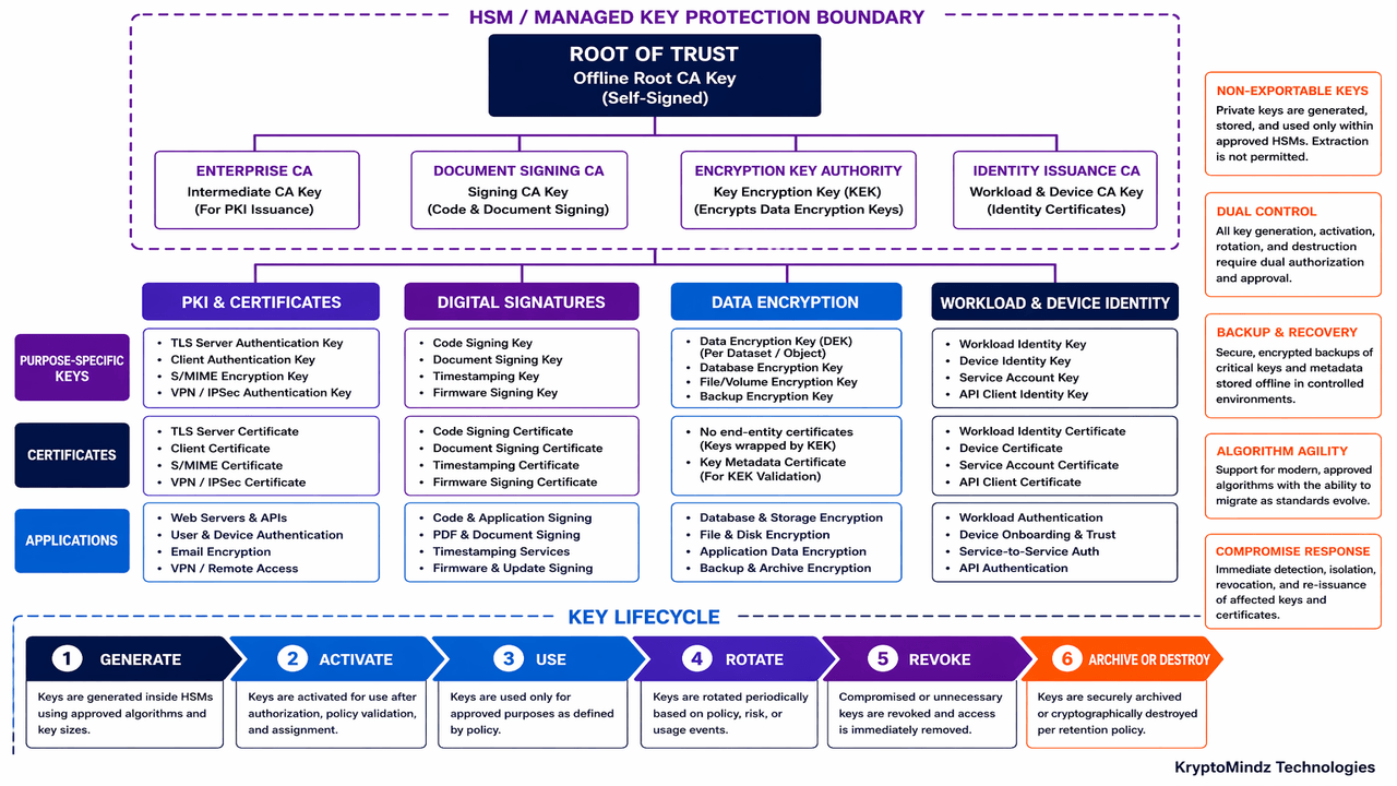 Cryptographic key hierarchy separating PKI, signing, encryption and workload identity with a complete key lifecycle