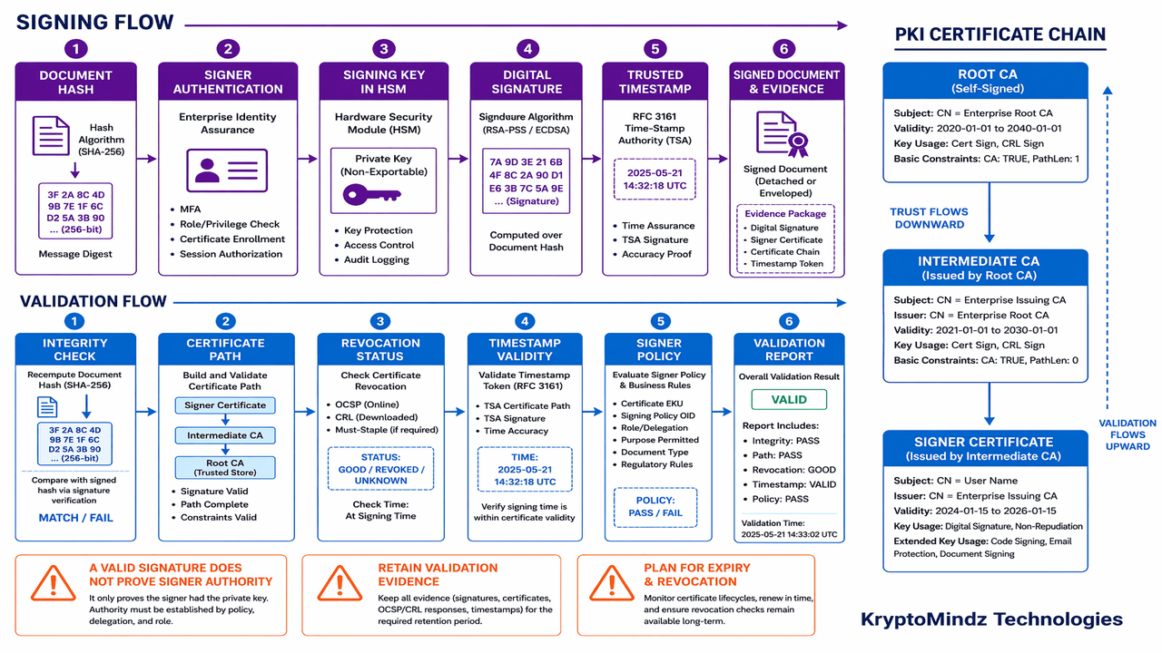 Digital signature creation and validation flow with HSM signing, timestamping, certificate path and revocation checks