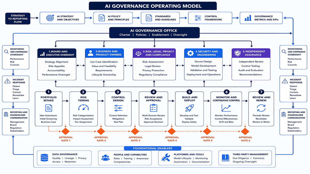 Enterprise AI governance operating model connecting executive oversight business ownership engineering risk and assurance