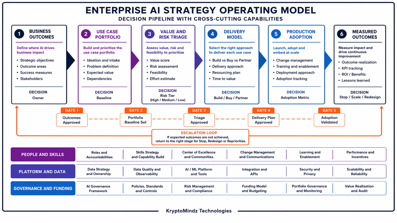 Enterprise AI strategy operating model from business outcomes through value and risk triage to measured adoption