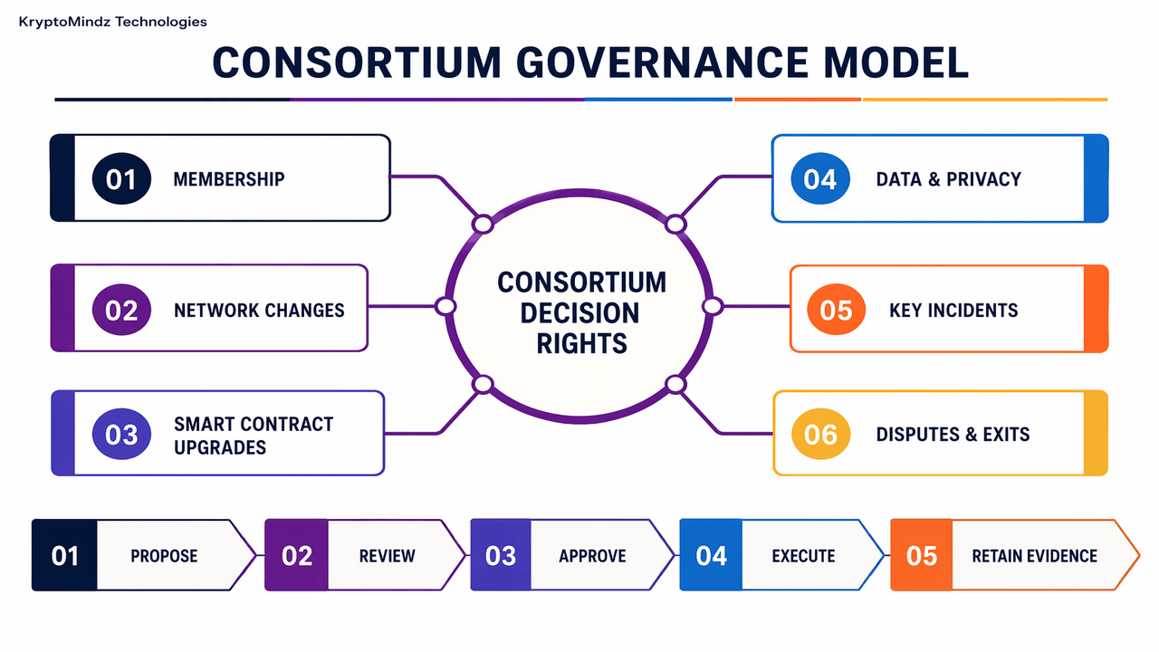 Consortium governance model for membership, network changes, contract upgrades, privacy, key incidents, disputes and evidence