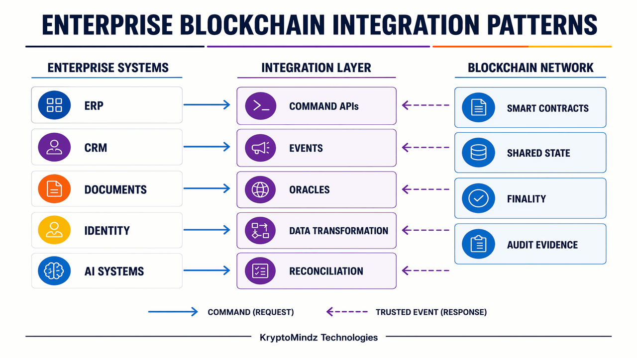 Enterprise blockchain integration patterns connecting ERP, CRM, documents, identity and AI systems through APIs, events and reconciliation