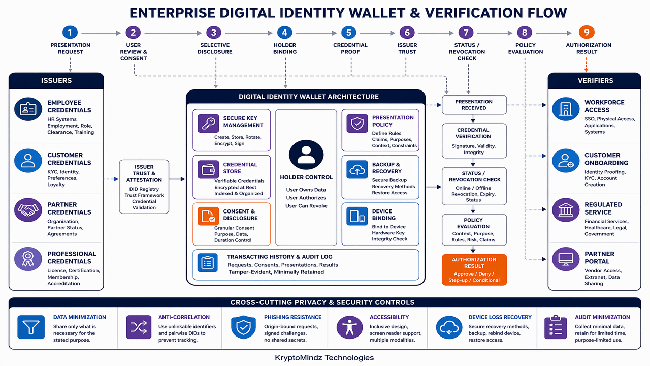 Digital identity wallet architecture and controlled credential verification flow