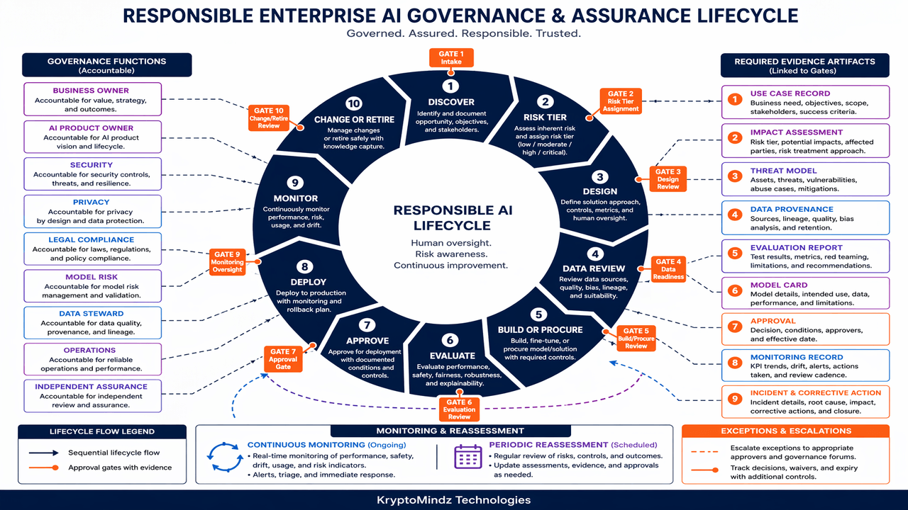 Responsible AI governance and assurance lifecycle from discovery and risk tiering through approval, monitoring and retirement