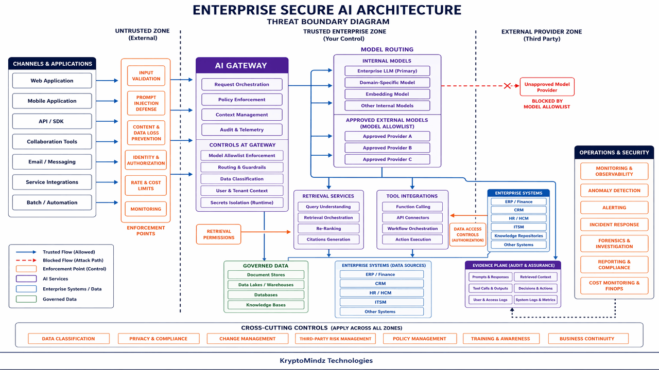 Secure enterprise AI architecture showing trust boundaries around gateways, models, retrieval, tools, systems and evidence