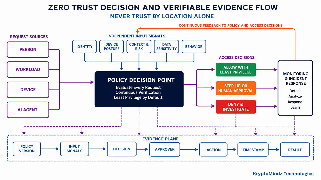 Zero Trust access decision flow for people, workloads, devices and AI agents with a verifiable evidence plane